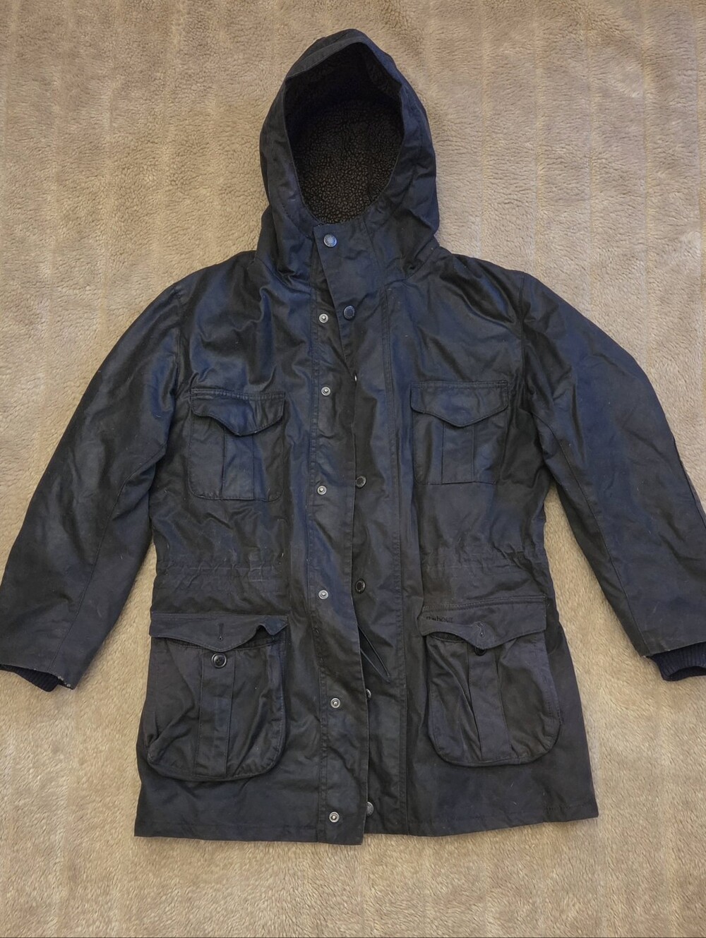 Barbour Oakum Waxed Cotton Jacket With Military Pockets, Sherpa Lining And Hood